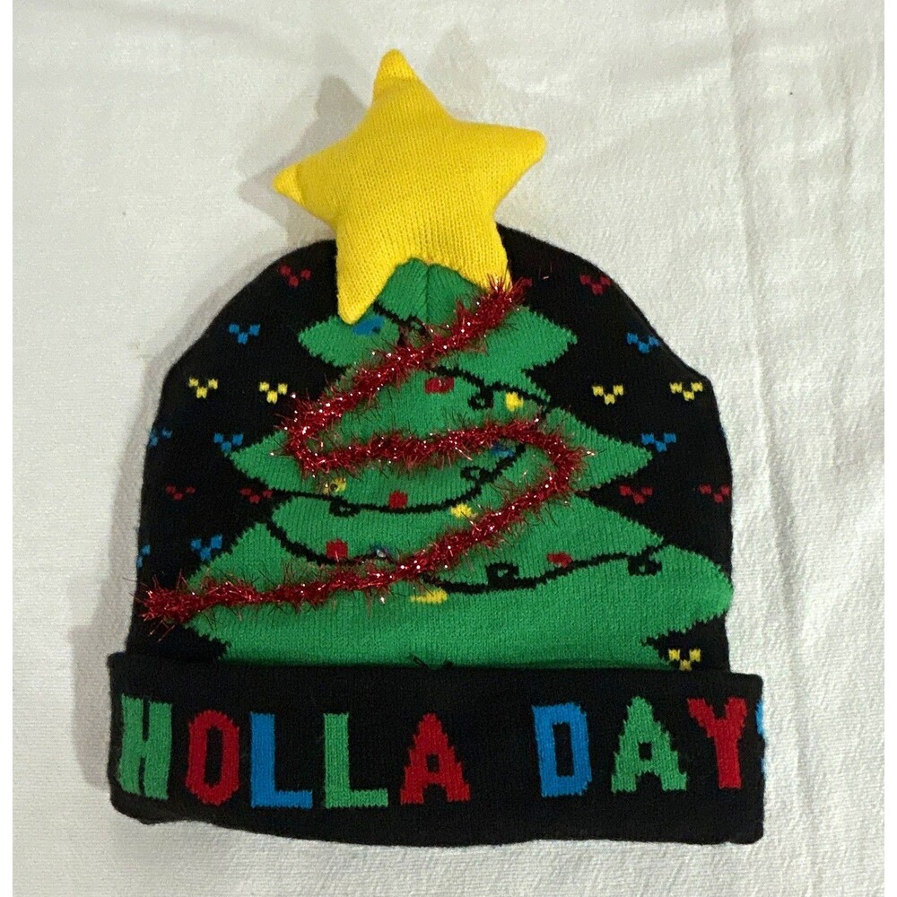 Christmas Holiday Knit Beanie Hat Star Topper Sequin twinkle lights unisex